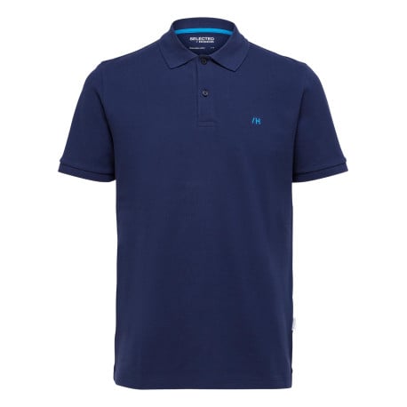 Polo en coton biologique maille piquée marine à coupe droite et col boutonné