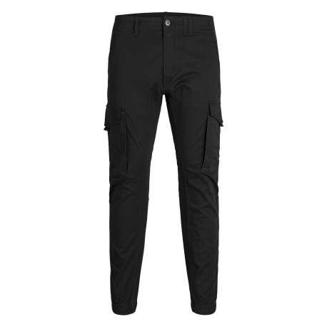 Pantalon Cargo en coton mélangé noir uni coupe slim et poches aux cuisses