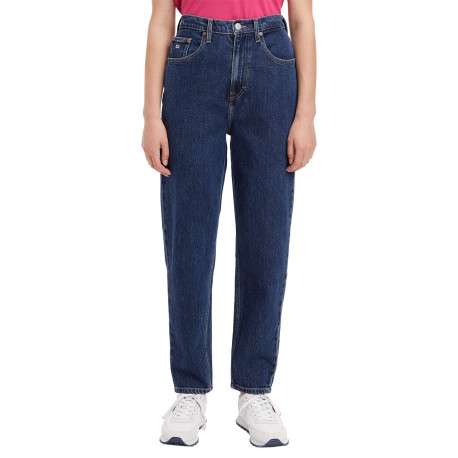 Jean Mom 5 poches à taille haute en partie en coton recyclé bleu uni à stretch