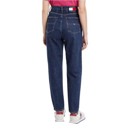 Jean Mom 5 poches à taille haute en partie en coton recyclé bleu uni à stretch - Image 2