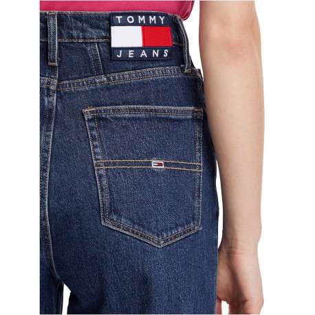 Jean Mom 5 poches à taille haute en partie en coton recyclé bleu uni à stretch - Image 3