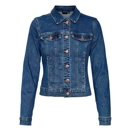 Veste indigo en jean avec une coupe droite col français et à manches longues