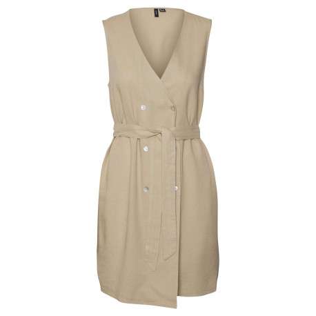 Robe courte en lin (en partie) beige unie avec une coupe droite et un col v