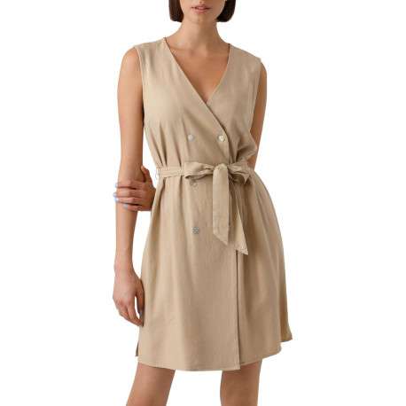 Robe courte en lin (en partie) beige unie avec une coupe droite et un col v - Image 3