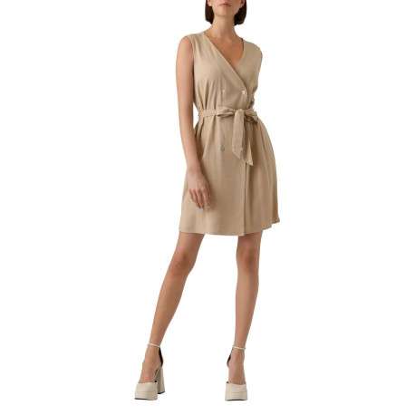 Robe courte en lin (en partie) beige unie avec une coupe droite et un col v - Image 4