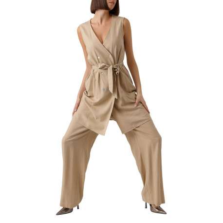 Robe courte en lin (en partie) beige unie avec une coupe droite et un col v - Image 6