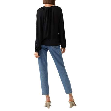 Blouse noire unie avec une coupe droite col rond et à manches longues - Image 2