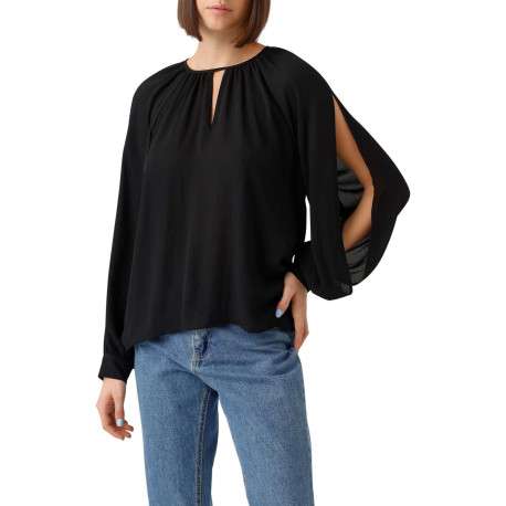 Blouse noire unie avec une coupe droite col rond et à manches longues - Image 4