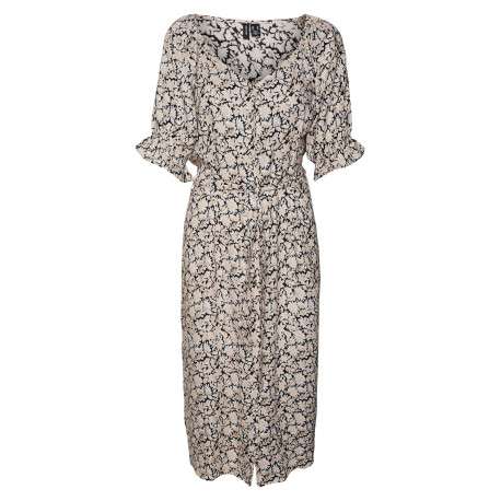 Robe mi-longue noire fleurie avec une coupe droite col v et à manches courtes