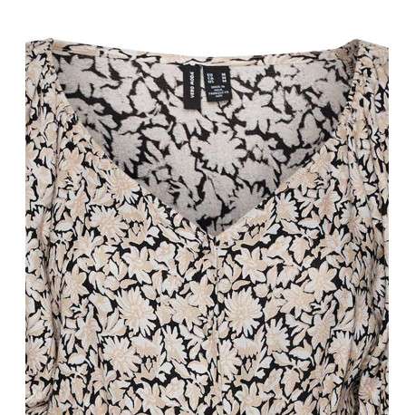 Robe mi-longue noire fleurie avec une coupe droite col v et à manches courtes - Image 2
