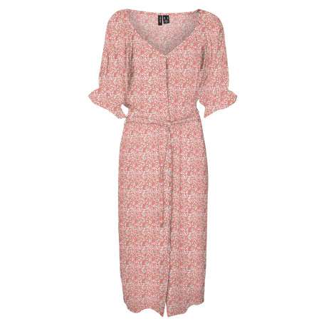 Robe mi-longue pêche fleurie à coupe droite col v et à manches courtes