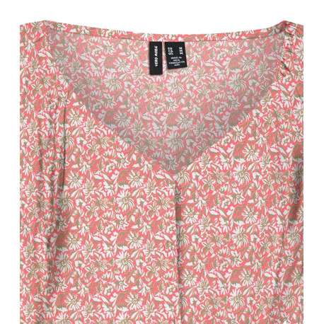 Robe mi-longue pêche fleurie à coupe droite col v et à manches courtes - Image 2