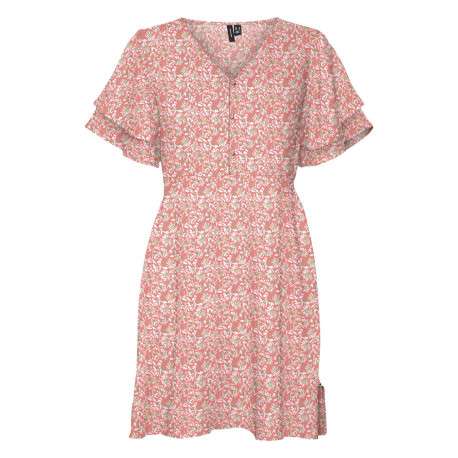 Robe courte pêche fleurie à coupe droite col v et à manches courtes