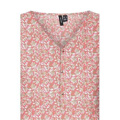 Robe courte pêche fleurie à coupe droite col v et à manches courtes - Image 2