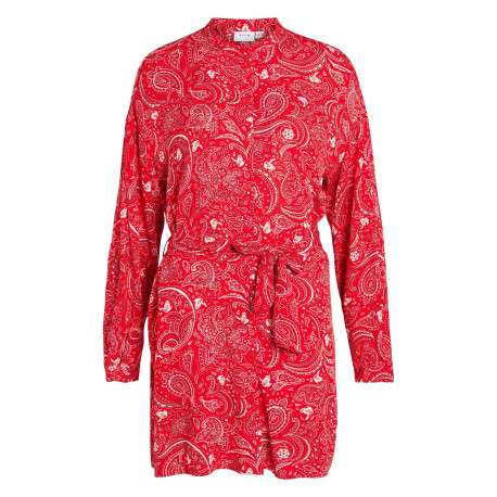 Robe courte rouge imprimé cachemire à coupe droite et col tunisien