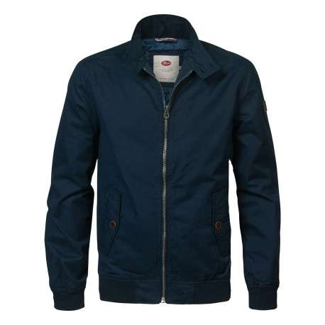 Blouson zippé bleu marine uni, rembourré nylon, à col montant boutonné