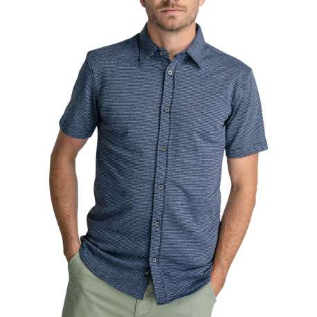 Chemise droite, en coton motifs abstraits bleu, à manches courte et col français - Image 3