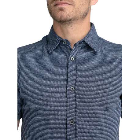 Chemise droite, en coton motifs abstraits bleu, à manches courte et col français - Image 5