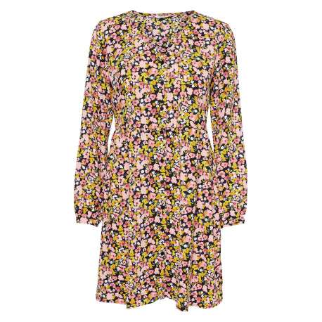 Robe courte multicolore imprimé floral avec une coupe patineuse et un col v