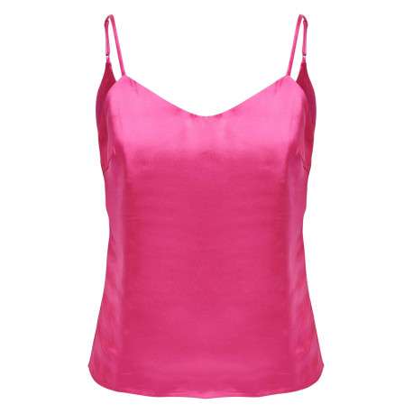 Top à bretelles fuchsia satiné avec un col v arrondi et une coupe droite