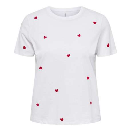 T-shirt blanc en coton avec des cœurs rouges brodés et un col rond
