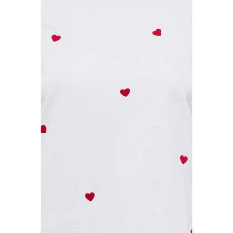 T-shirt blanc en coton avec des cœurs rouges brodés et un col rond - Image 3