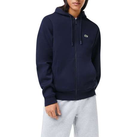 Sweat zippé en coton marine uni coupe droite col capuche et poches ventrales - Image 5