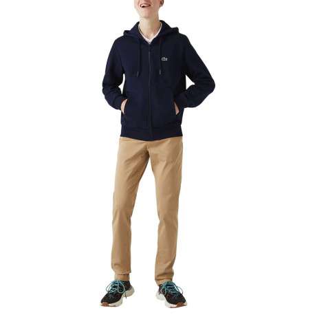 Sweat zippé en coton marine uni coupe droite col capuche et poches ventrales - Image 9