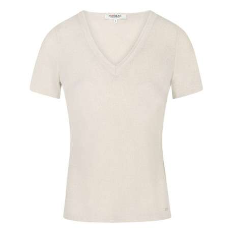 T-shirt écru uni avec une coupe droite à col v et des manches courtes - Image 6