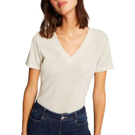 T-shirt écru uni avec une coupe droite à col v et des manches courtes - Image 9