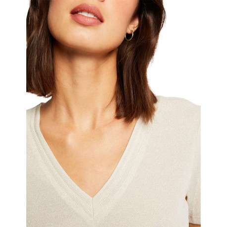 T-shirt écru uni avec une coupe droite à col v et des manches courtes - Image 10