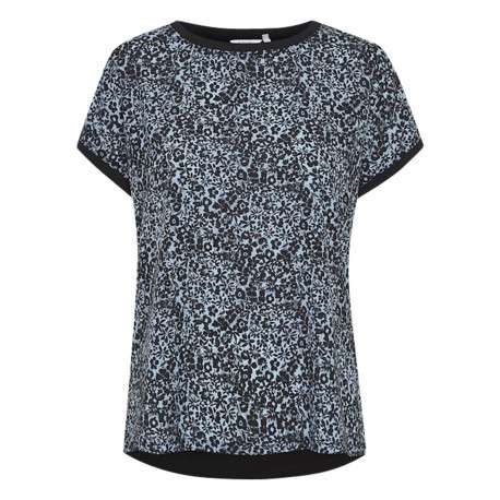 T-shirt marine fleuri coupe droite avec un col rond et dos noir uni