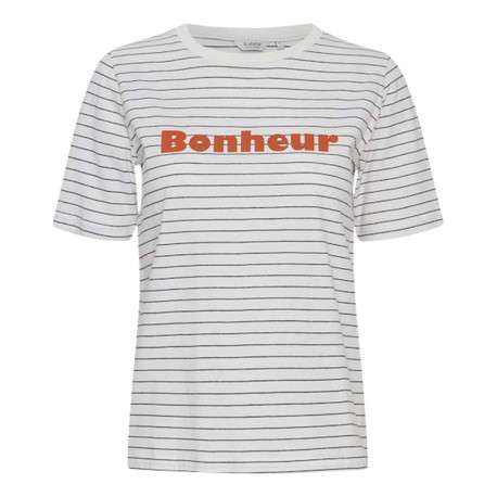 T-shirt en coton écru rayé coupe droite avec un col rond et imprimé all over