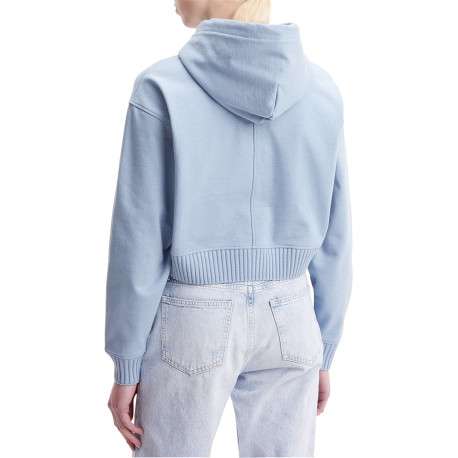 Sweat à capuche en coton bleu avec une coupe cropped et logo cousu à la poitrine