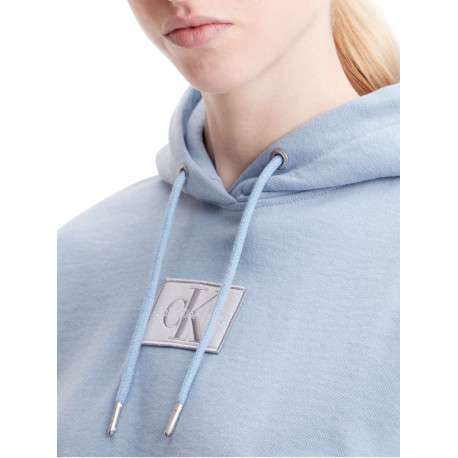 Sweat à capuche en coton bleu avec une coupe cropped et logo cousu à la poitrine - Image 2