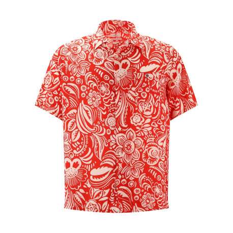 Chemise rouge fleurie à coupe droite col cubain et à manches courtes
