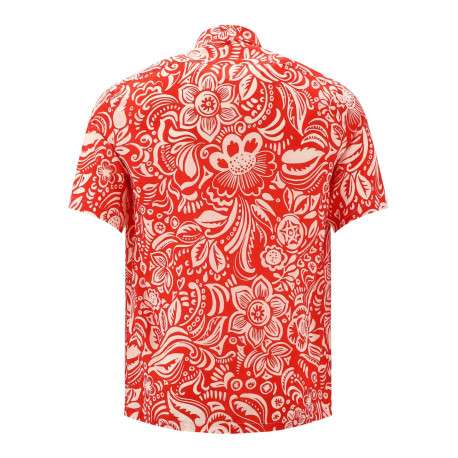 Chemise rouge fleurie à coupe droite col cubain et à manches courtes - Image 2