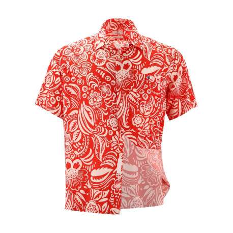 Chemise rouge fleurie à coupe droite col cubain et à manches courtes - Image 3