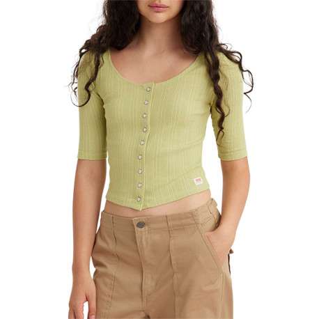 T-shirt ajusté en maille piquée de coton vert à col rond et boutons pression - Image 2