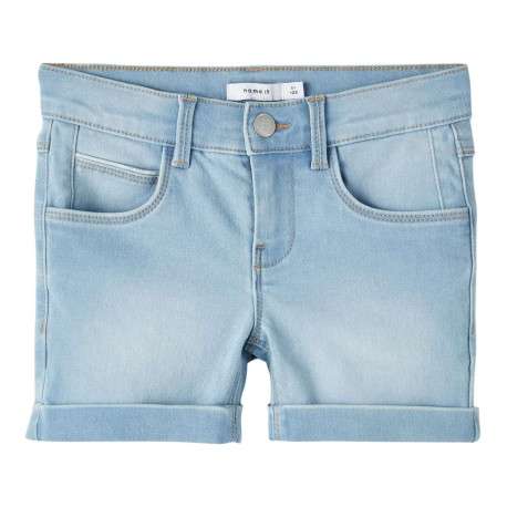 Short en coton mélangé bleu uni avec une coupe slim et 5 poches