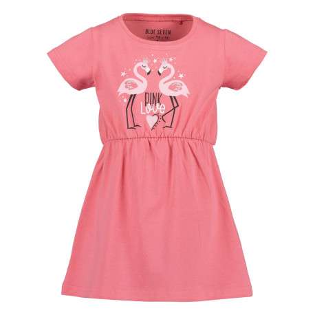 Robe courte en coton fuchsia unie coupe ajustée un col rond et 2 flamants roses