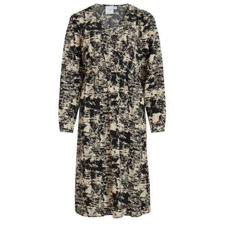 Robe midi beige imprimé abstrait à coupe droite et col cache-coeur
