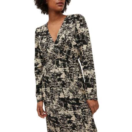 Robe midi beige imprimé abstrait à coupe droite et col cache-coeur - Image 4