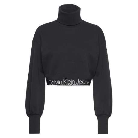 Sweat noir en maille interlock avec une coupe cropped et un col roulé
