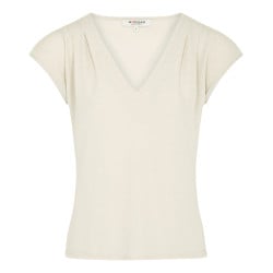 T-shirt écru en lurex avec une coupe droite col v et à manches courtes