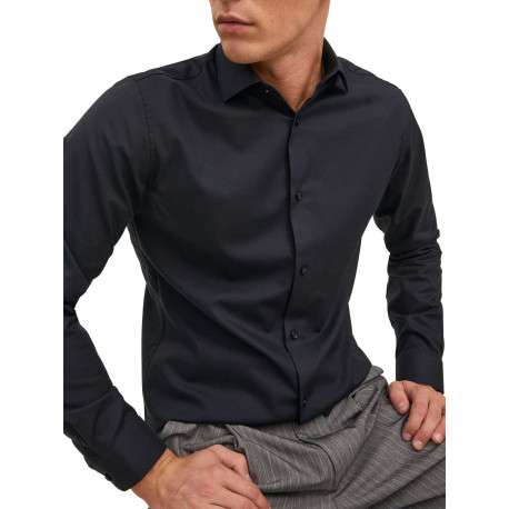 Chemise en coton noire unie avec un col italien et une coupe slim - Image 4