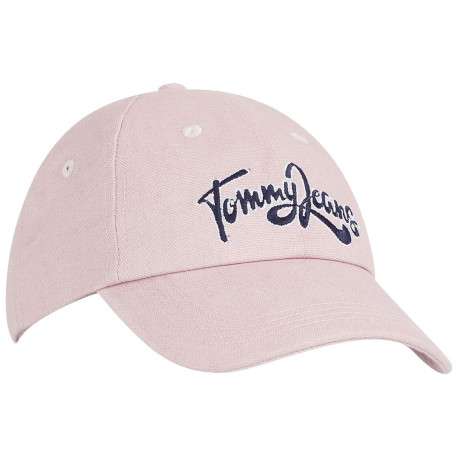 Casquette en coton rose chiné avec nom de la marque bleu et blanc brodé