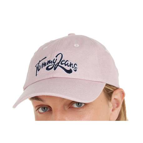 Casquette en coton rose chiné avec nom de la marque bleu et blanc brodé - Image 3
