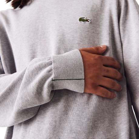 Pull en coton gris uni coupe droite avec un col rond et logo poitrine - Image 3