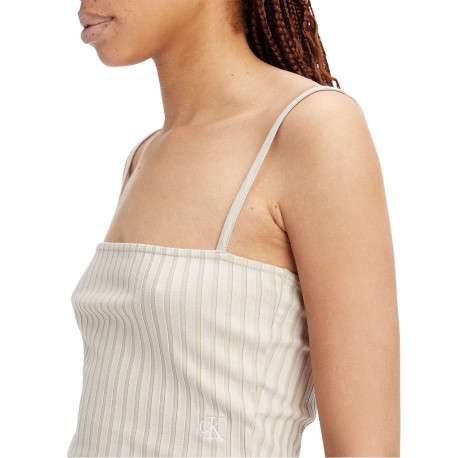 Top beige côtelé avec des fines bretelles et initiales de la marque brodé - Image 3